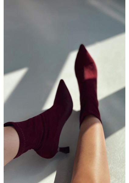 Loravo Süet Streç Topuklu Çorap Bot Bordo modelleri