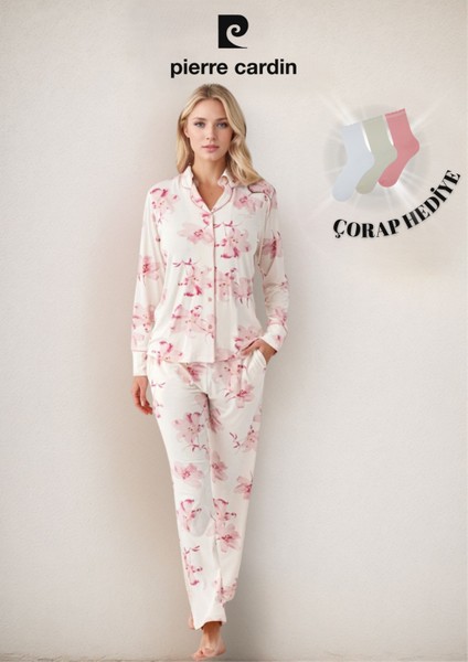 Kadın Giyim Kutulu Modal & Pamuk Çiçek Desenli Gömlek Pijama Takımı