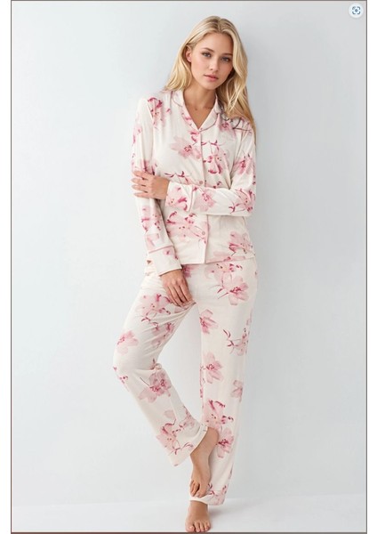 Kadın Giyim Kutulu Modal & Pamuk Çiçek Desenli Gömlek Pijama Takımı modelleri