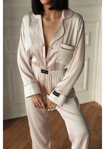 Pudra Krem Uzun Saten Pijama Takımı