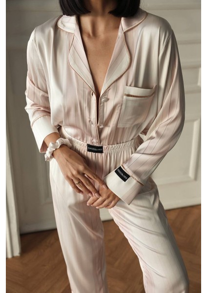 Pudra Krem Uzun Saten Pijama Takımı modelleri