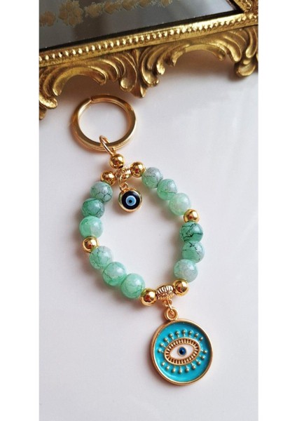 Hediyelik Nazar Boncuklu Hareli Yeşil Şık Anahtarlık 11,5 cm