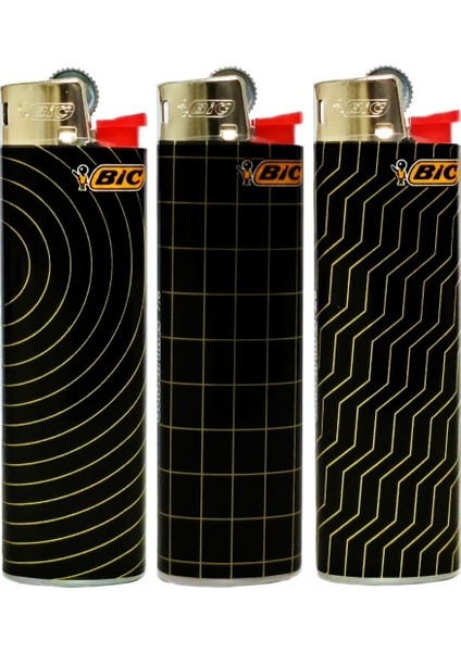 Taşlı Çakmak 3 Adet, Slim, Çizgi Desenli Siyah Renkli