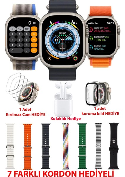 Gri Akıllı Saat Y60 Ultra Plus, 7 Kordon, Kulaklık, Kasa Koruma, Kırılmaz Cam