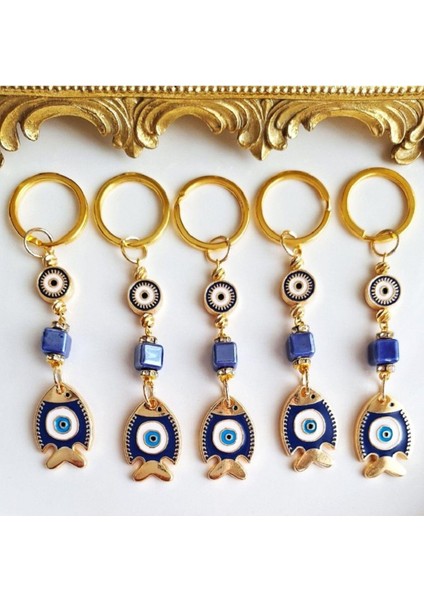 Yeni Yıl Hediyesi 5'li Nazar Boncuklu Şans Balık Anahtarlık - Yılbaşı Hediyesi