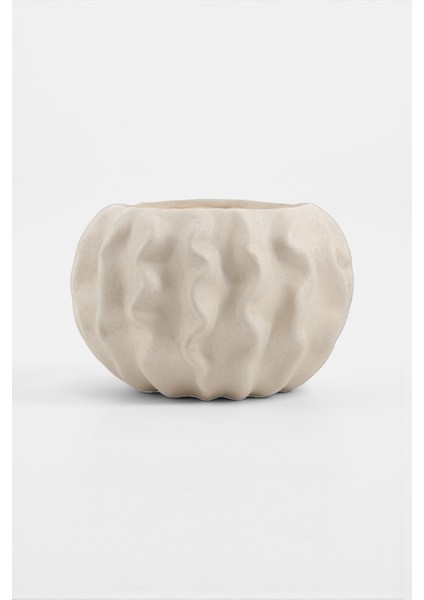 Tactus Oval Dalgalı Bej Seramik Dekoratif Vazo (21X14 Cm)