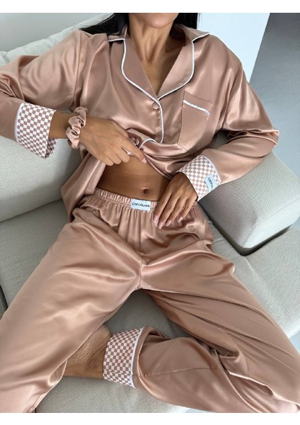 Krem Kahve Saten Uzun Pijama Takımı