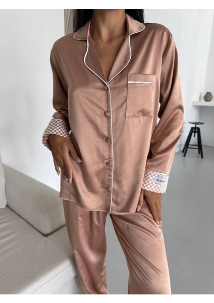 Krem Kahve Saten Uzun Pijama Takımı fiyatları