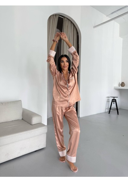 Krem Kahve Saten Uzun Pijama Takımı modelleri