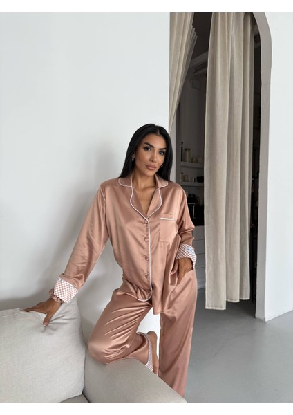 Krem Kahve Saten Uzun Pijama Takımı indirimleri