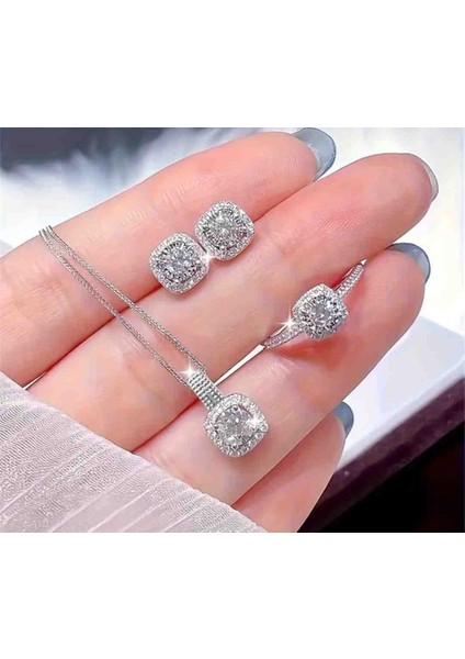 Gümüş Renk Metal Yüzük, Kolye Küpe Seti