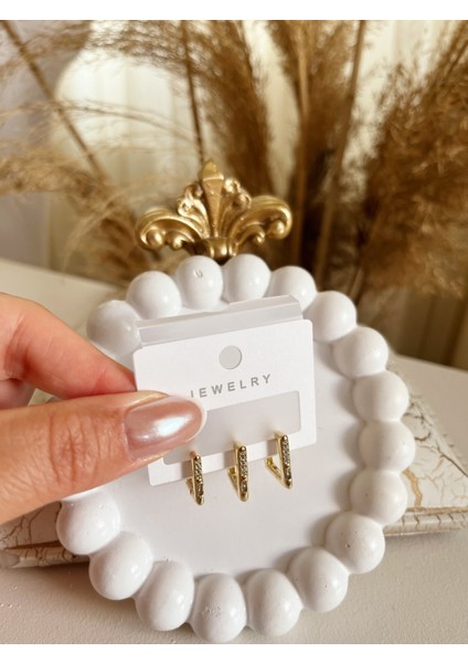 Zarif Şık Zirkon Taşlı 3'lü 14K Altın Renk Kararmaz Çelik Küpe – Işıltılı Modern Tasarım