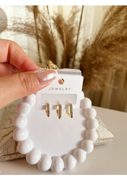 Zarif Şık Zirkon Taşlı 3'lü 14K Altın Renk Kararmaz Çelik Küpe – Işıltılı Modern Tasarım modelleri