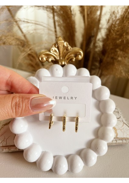 Zarif Şık Zirkon Taşlı 3'lü 14K Altın Renk Kararmaz Çelik Küpe – Işıltılı Modern Tasarım fırsatları