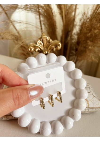 Zarif Şık Zirkon Taşlı 3'lü 14K Altın Renk Kararmaz Çelik Küpe – Işıltılı Modern Tasarım indirimleri