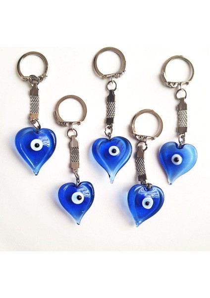 Hediyelik 5'li Nazar Boncuklu Kalp Anahtarlık 9,5 cm