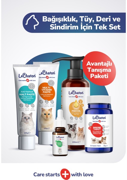 Kediler Için Bağışıklık Tüy Deri ve Sindirim Sağlığı Seti (Malt Paste-Multi Paste-Damla-Balık Yağı-Tablet)