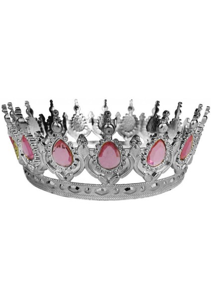 Taç Plastik Gümüş Pasta Süsü Taşlı Pembe Pk:1