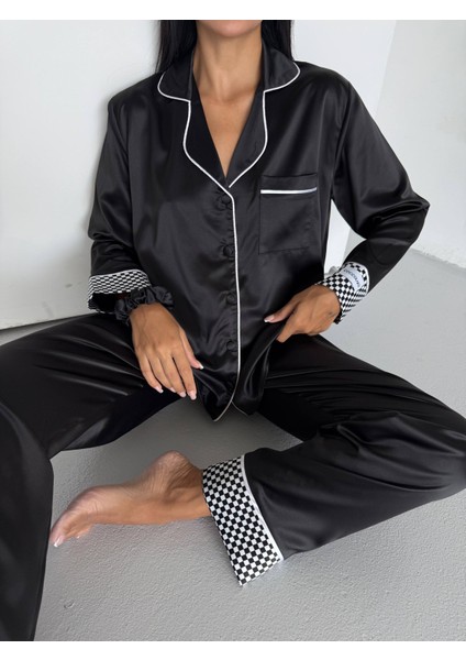 Siyah Saten Uzun Pijama Takımı