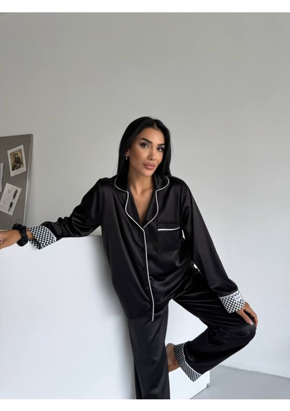 Siyah Saten Uzun Pijama Takımı modelleri