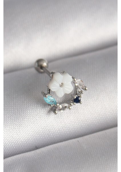 316L Çelik Gümüş Zirkon Taş Detay Beyaz Çiçek Model Tragus Piercing