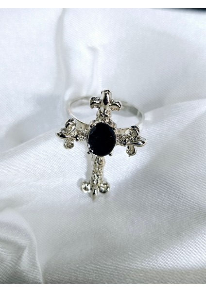 Ayarlanabilir Siyah Mineli Gotik Haç Yüzük