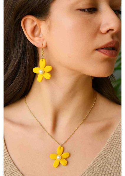 Yellow Daisy El Yapımı Incili Sarı Tasarım Küpe ve Kolye Seti fiyatları