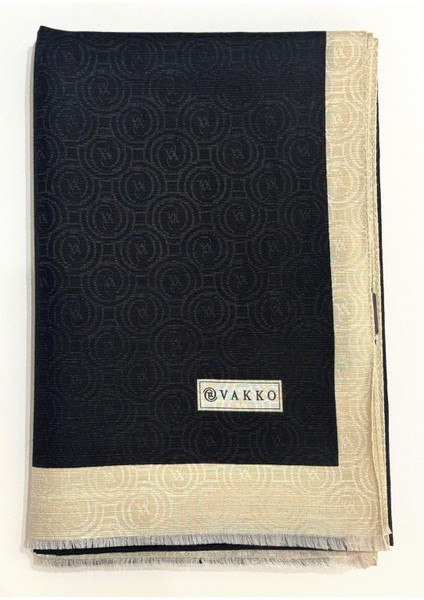 Pamuk Ipek Şeritli Monogram Şal 41728-SIYAH Ekru