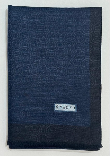 Pamuk Ipek Şeritli Monogram Şal 41728-LACIVERT