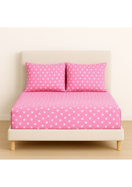 Desenli 160 x 200 cm Çift Kişilik Pembe Yıldız Lastikli Çarşaf ve 2 Adet Yastık Kılıfı fiyatları