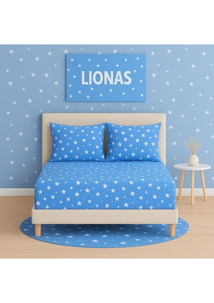 Desenli 180 x 200 cm Battal Boy Mavi Yıldız Lastikli Çarşaf ve 2 Adet Yastık Kılıfı