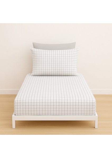 Tek Kişilik Kareli Desen Lastikli Çarşaf ve Yastık Kılıfı