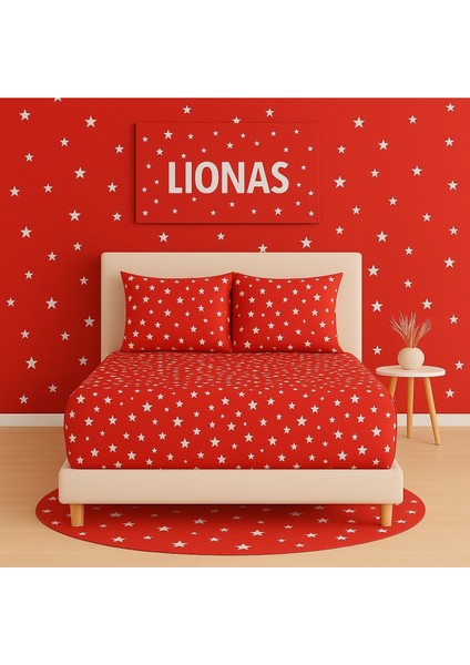 Desenli 160 x 200 cm Çift Kişilik Kırmızı Yıldız Lastikli Çarşaf ve 2 Adet Yastık Kılıfı