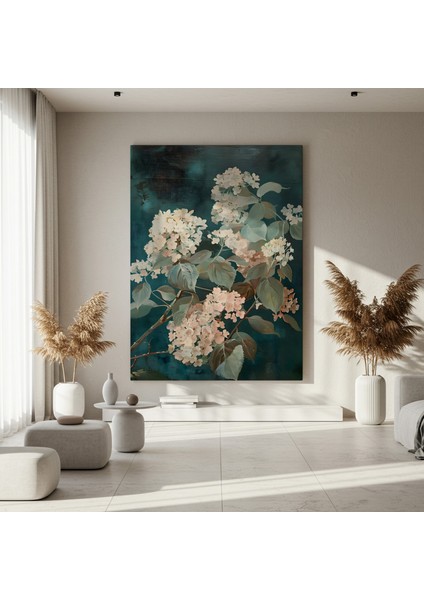 Zümrüt Yeşil Fon Üzerinde Pastel Pembe Ortanca Çiçekleri Tablosu fırsatları