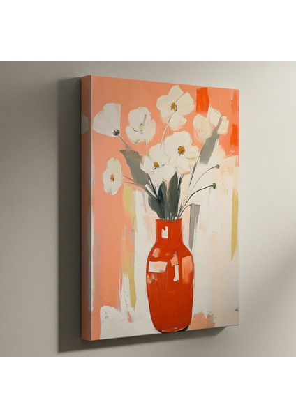 Kırmızı Vazo ve Beyaz Çiçekler Soyut Tablosu