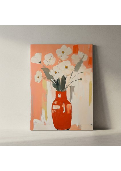 Kırmızı Vazo ve Beyaz Çiçekler Soyut Tablosu fiyatları
