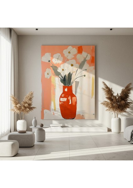 Kırmızı Vazo ve Beyaz Çiçekler Soyut Tablosu fırsatları