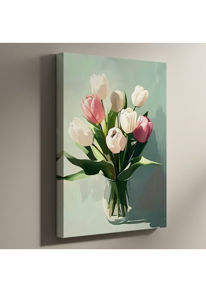 Pembe ve Beyaz Lale Buket Yağlıboya Tablosu