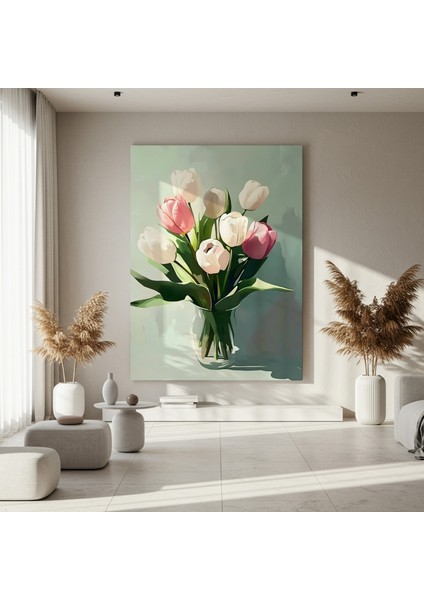 Pembe ve Beyaz Lale Buket Yağlıboya Tablosu fırsatları
