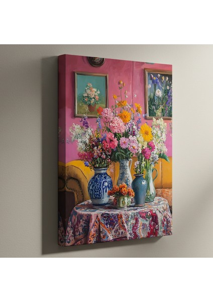 Çiçekli Vazolar ve Desenli Masa Örtüsü Tablosu