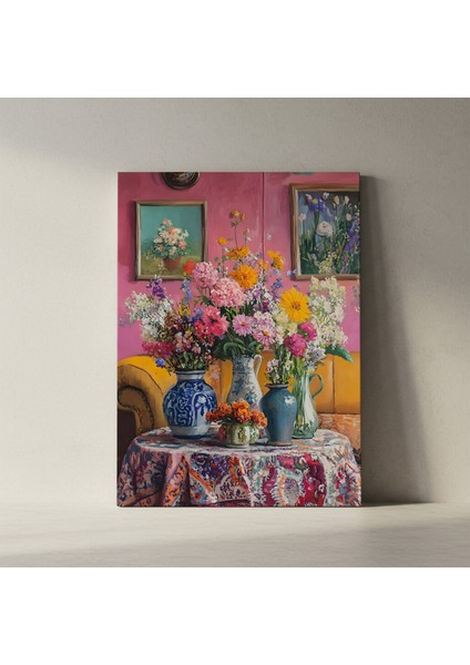 Çiçekli Vazolar ve Desenli Masa Örtüsü Tablosu fiyatları
