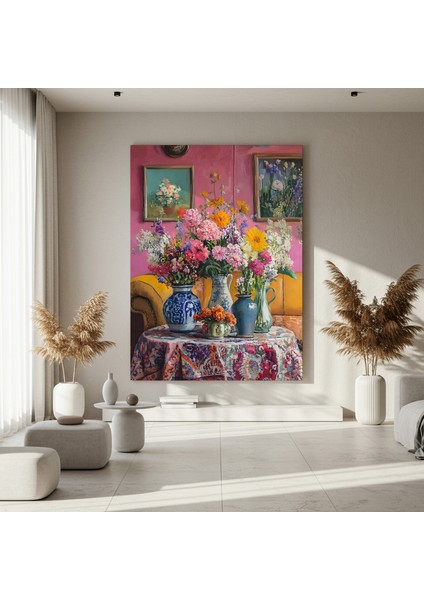 Çiçekli Vazolar ve Desenli Masa Örtüsü Tablosu fırsatları