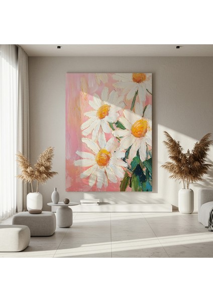 Pembe Arka Plan Üzerinde Yağlıboya Papatya Tablosu fırsatları