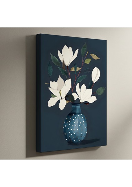 Beyaz Manolya Çiçekleri ve Noktalı Vazo Soyut Tablosu
