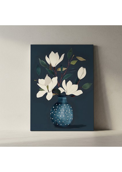 Beyaz Manolya Çiçekleri ve Noktalı Vazo Soyut Tablosu fiyatları