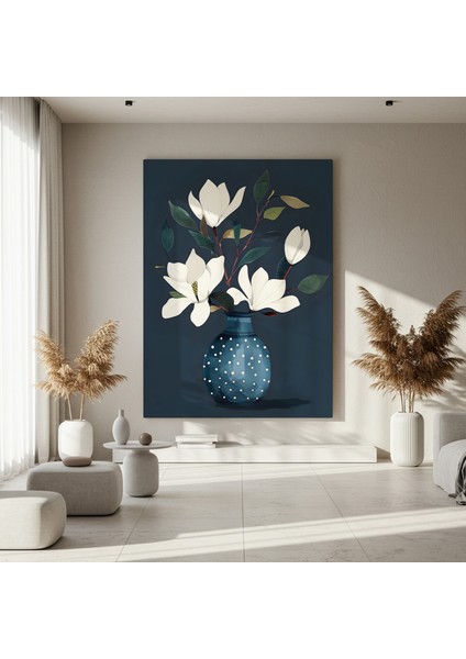 Beyaz Manolya Çiçekleri ve Noktalı Vazo Soyut Tablosu fırsatları