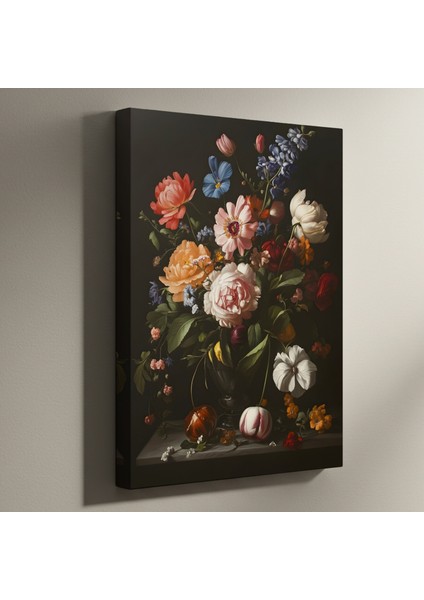 Karanlık Arka Planlı Çiçek Natürmort Tablosu