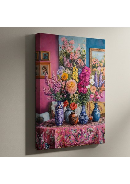 Çiçekli Vazolar ve Desenli Masa Örtüsü Yağlıboya Tablosu