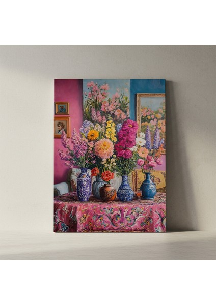 Çiçekli Vazolar ve Desenli Masa Örtüsü Yağlıboya Tablosu fiyatları