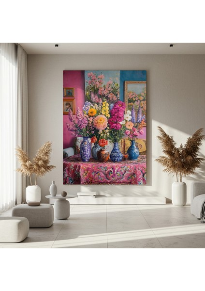 Çiçekli Vazolar ve Desenli Masa Örtüsü Yağlıboya Tablosu fırsatları